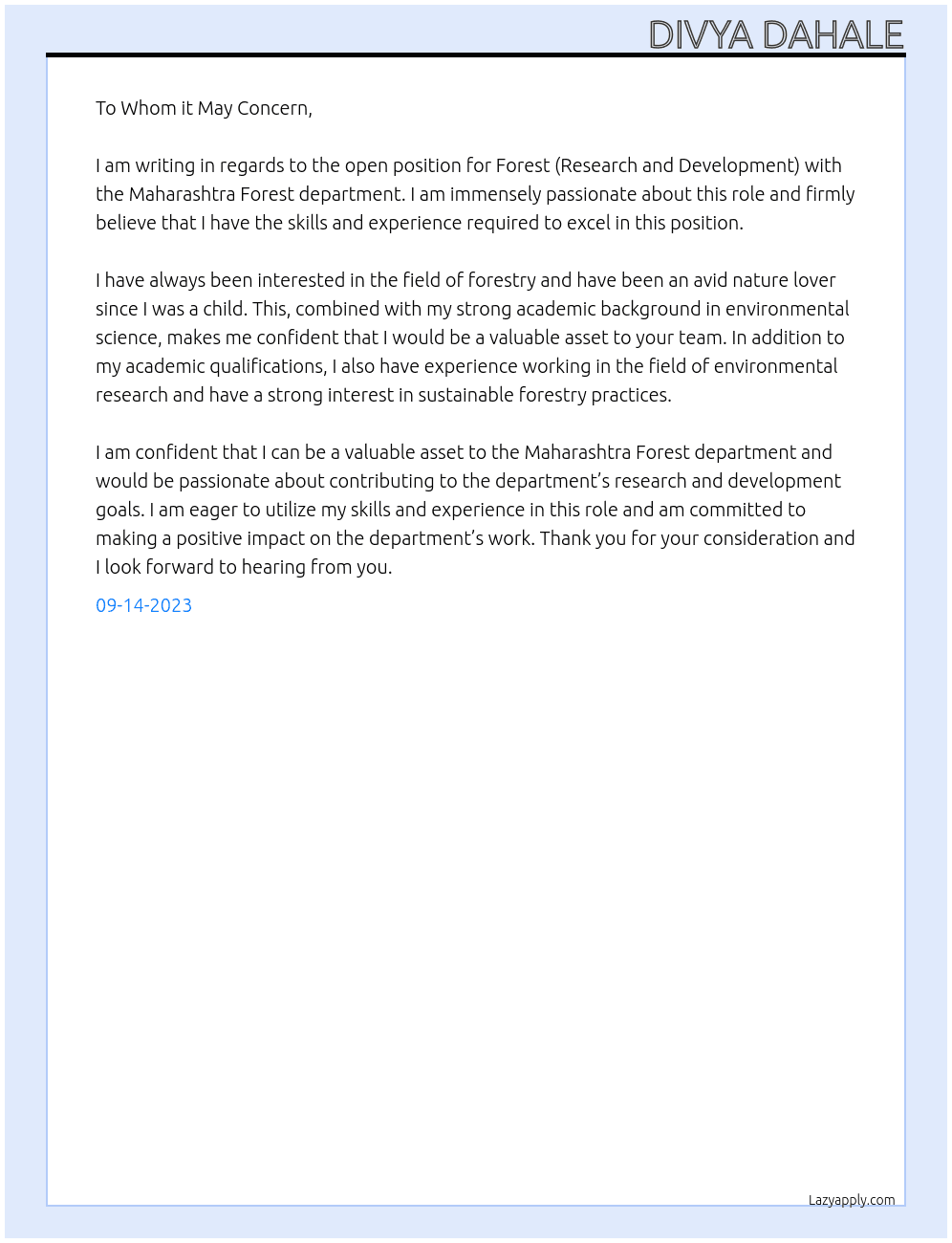 Forest (Research And Development) At FOREST DEPARMENT Cover Letter