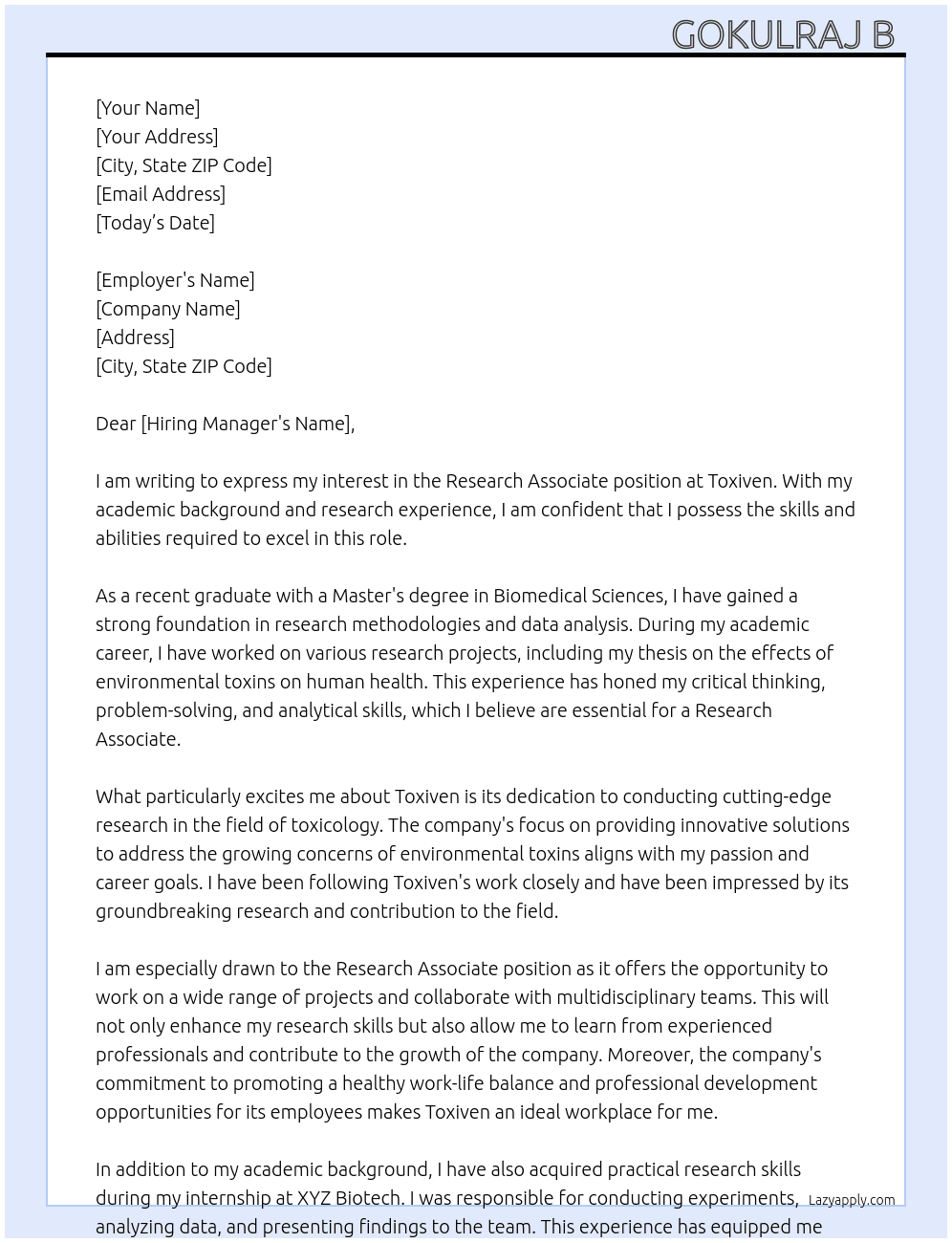 Research associate  At Toxiven Cover Letter