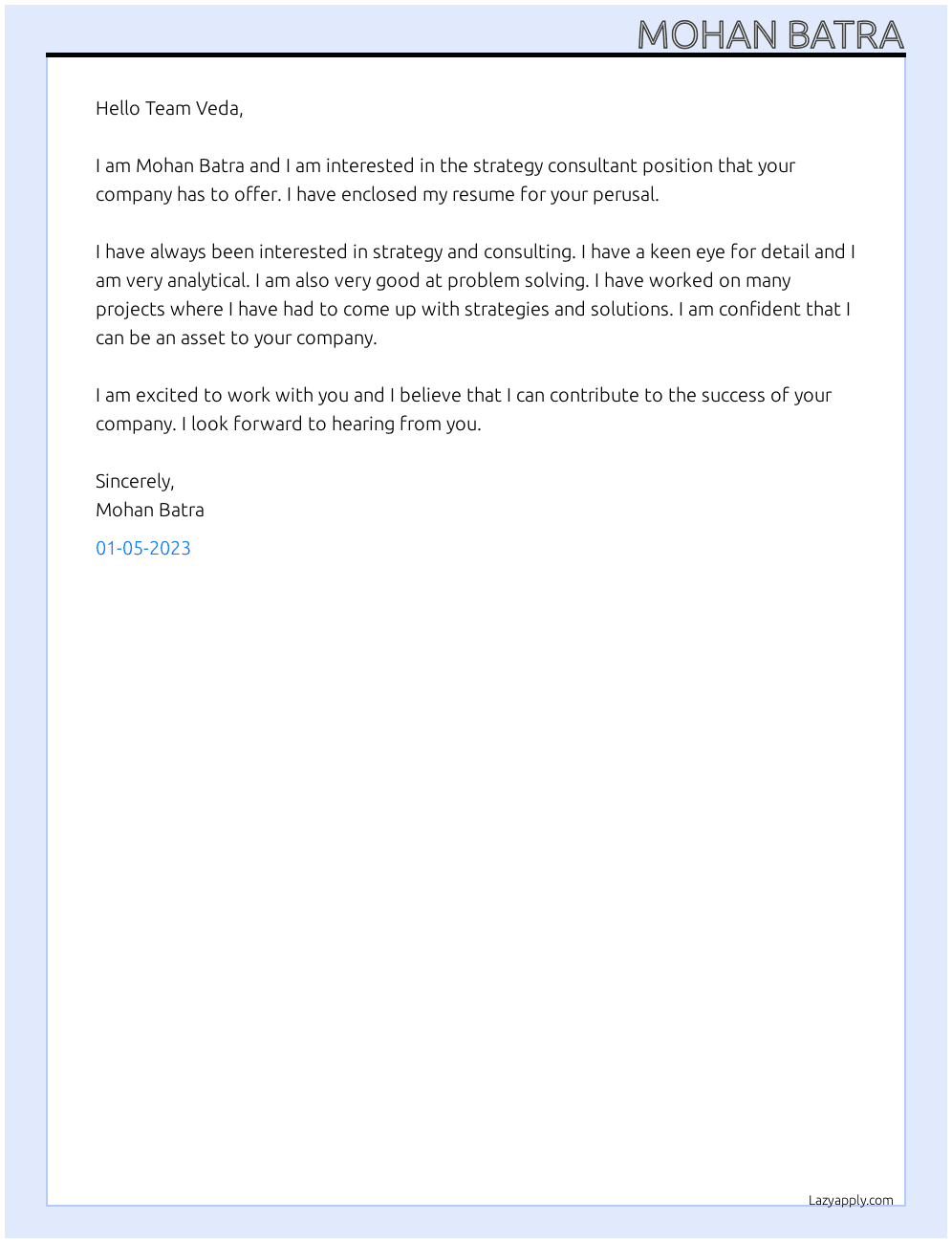 Strategy Consultant  At Veda Cover Letter