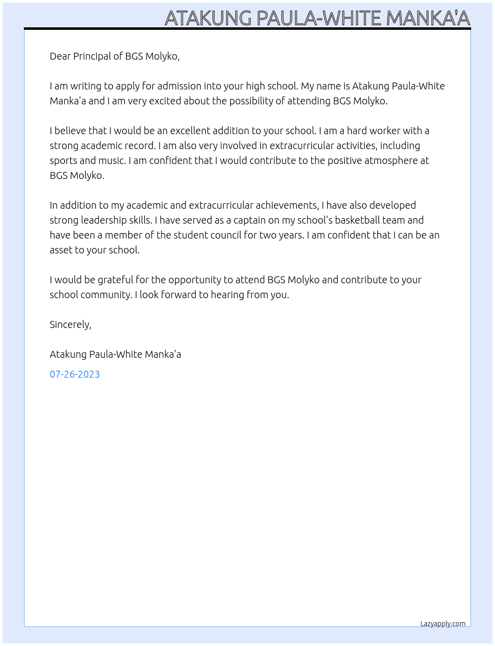 Admission into highschool At BGS Molyko Cover Letter