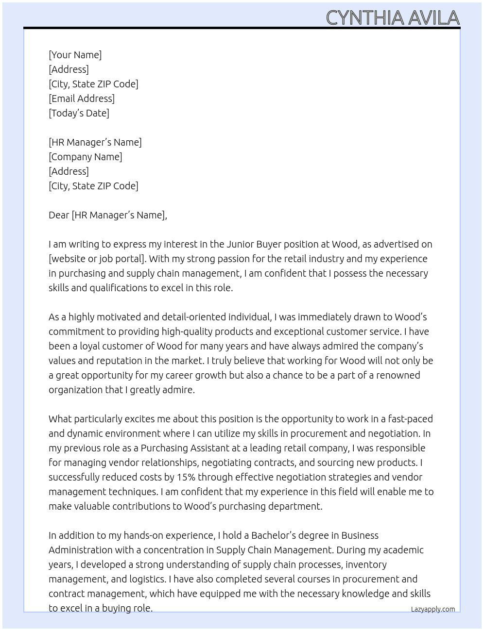 Junior Buyer At Wood Cover Letter