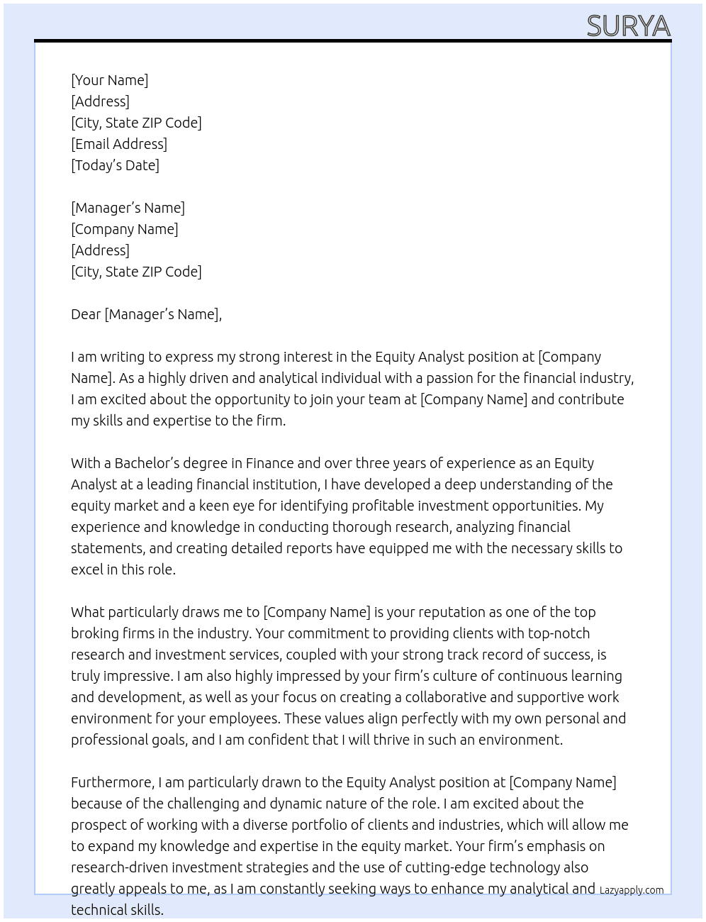 Equity analyst  At Broking firm Cover Letter