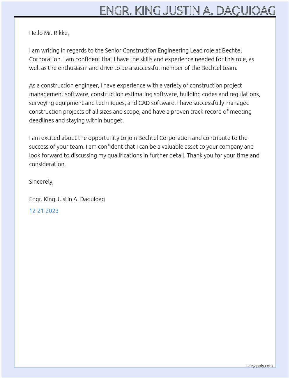 Construction Engineer At Bechtel Corporation Cover Letter