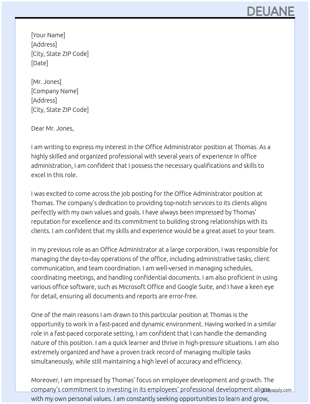 office administrator At Thomas Cover Letter