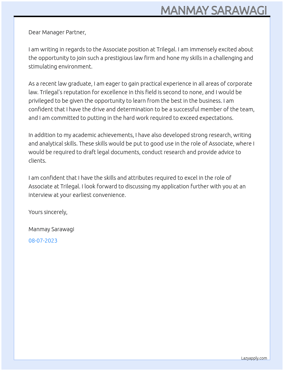Associate  At Trilegal Cover Letter