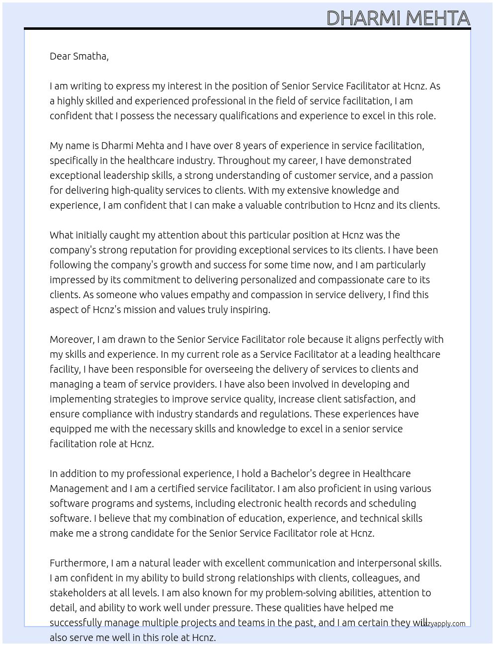 sENIOR SERVICE FACILITATOR At Hcnz Cover Letter