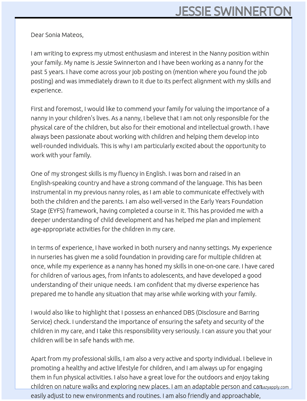 Nanny At Family  Cover Letter