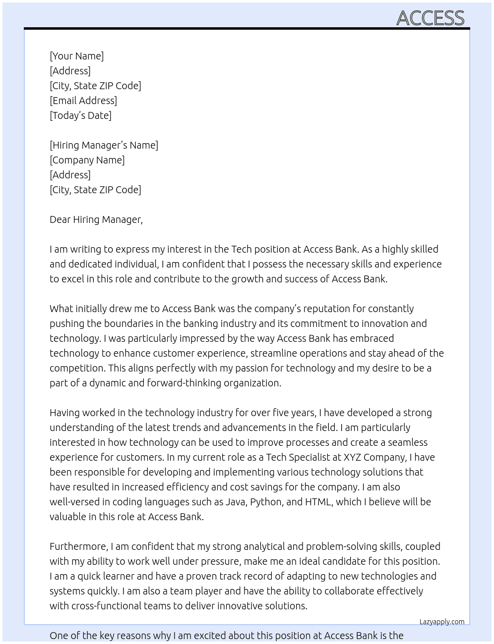 Tech  At Access Bank  Cover Letter