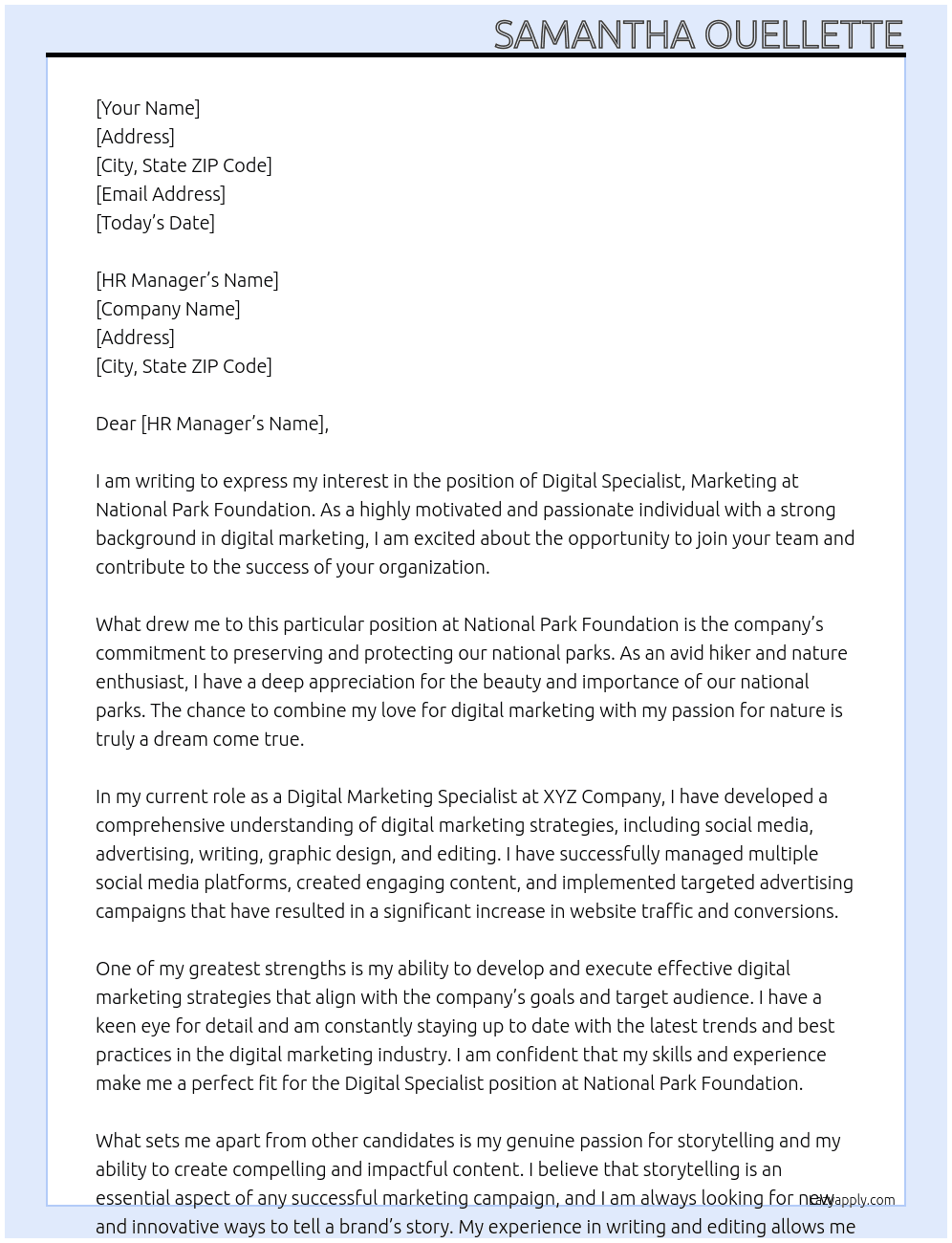 Digital Specialist, Marketing At National Park Foundation Cover Letter