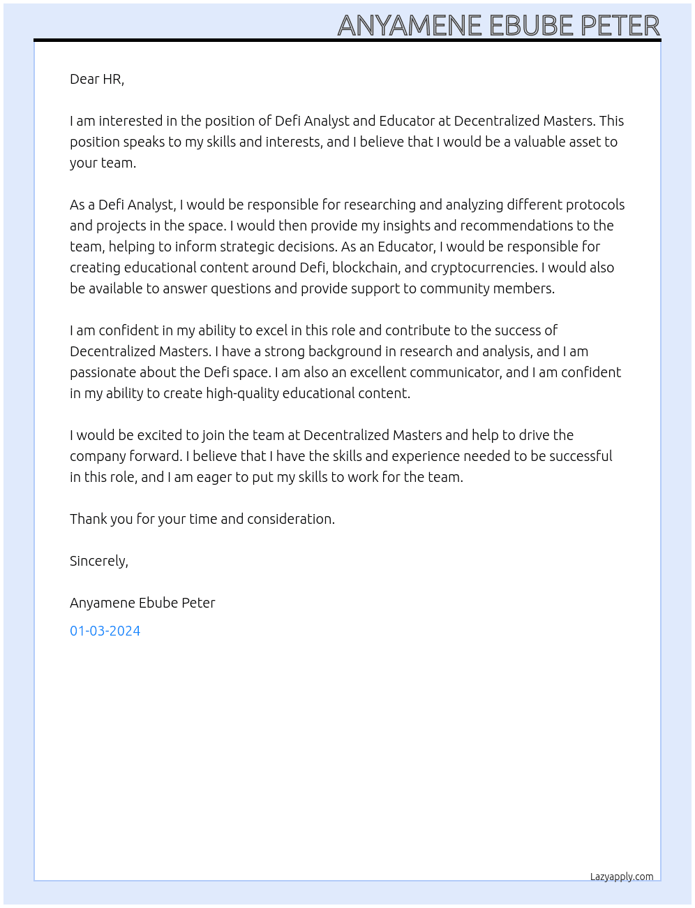 defi Analyst and Educator  At decentralized masters  Cover Letter