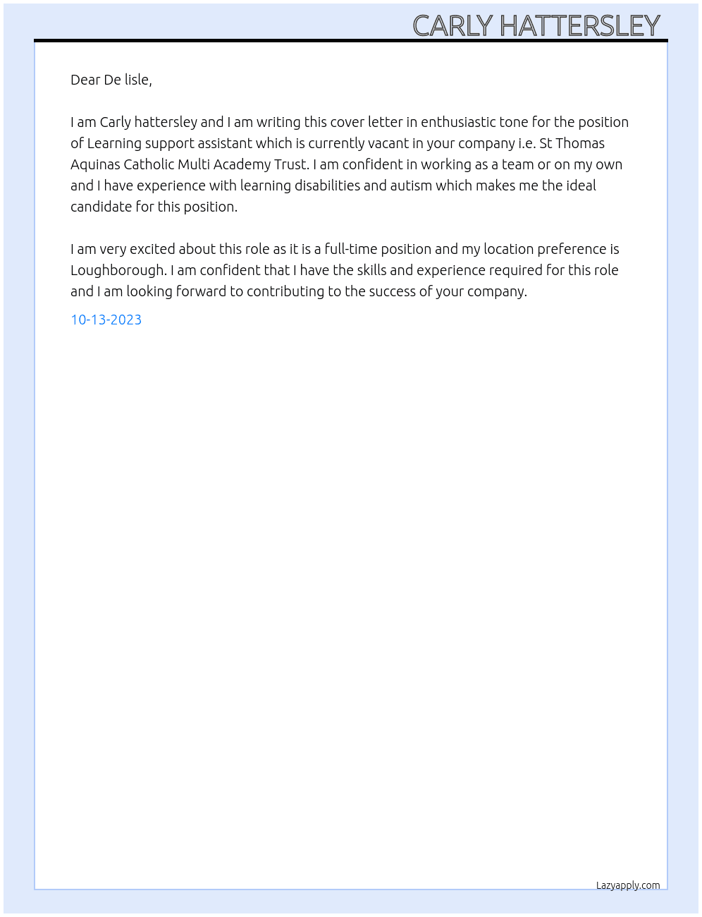 Learning support assistant  At St Thomas Aquinas Catholic Multi Academy Trust Cover Letter