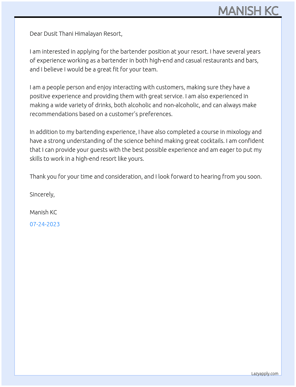 bartender At dusit  thani himalayan resort  Cover Letter