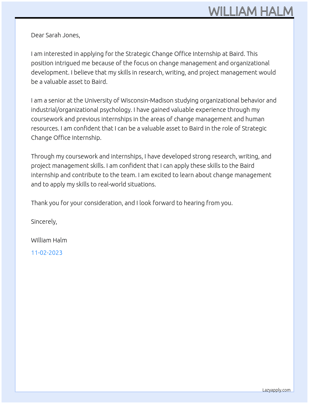 Strategic Change Office Internship At Baird Cover Letter