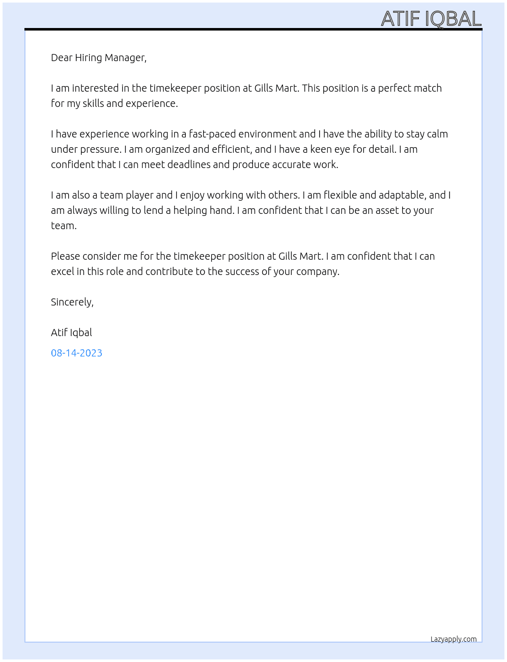 Timekeeper  At Gills Mart Cover Letter