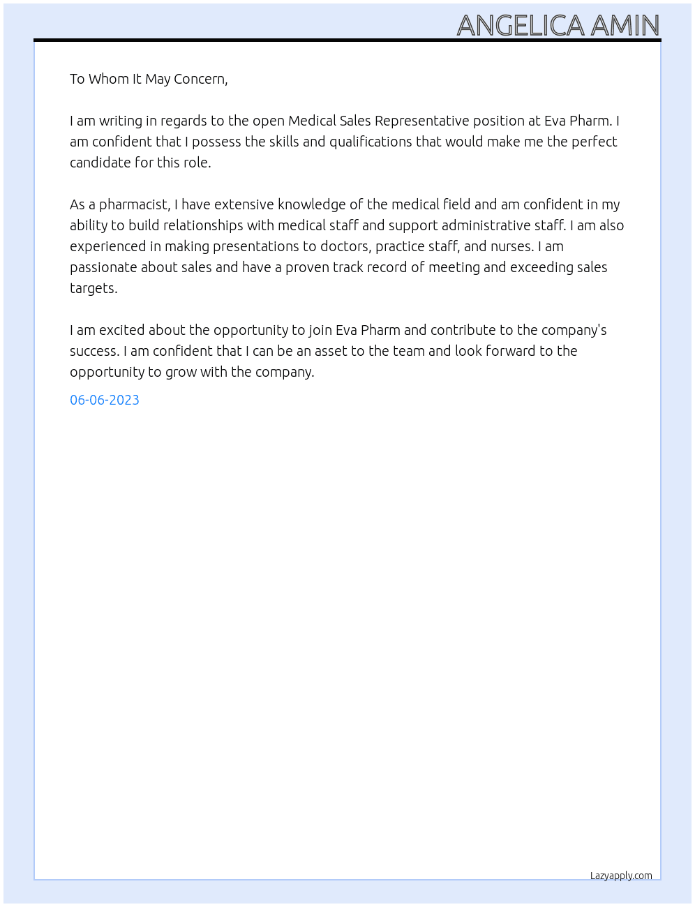 Medical sales representative  At Eva Pharm Cover Letter