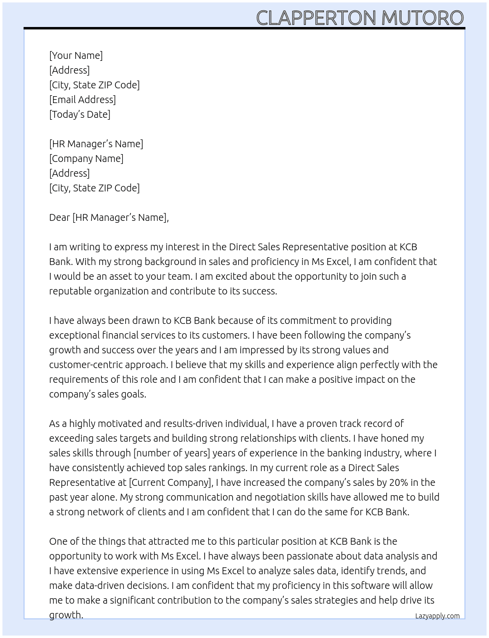 Direct Sales Representative At KCB Bank Cover Letter