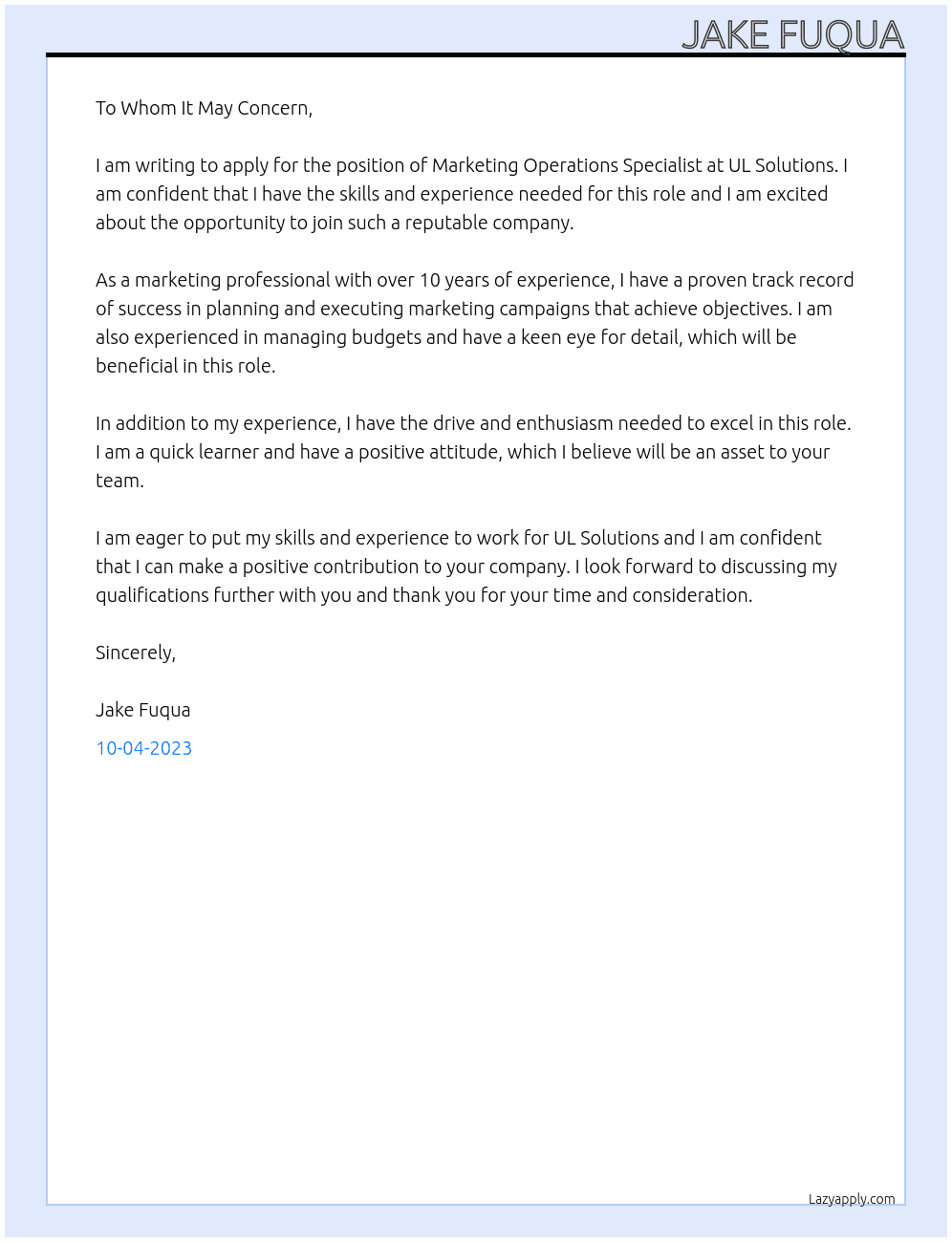 Marketing Operations Specialist At UL Solutions Cover Letter