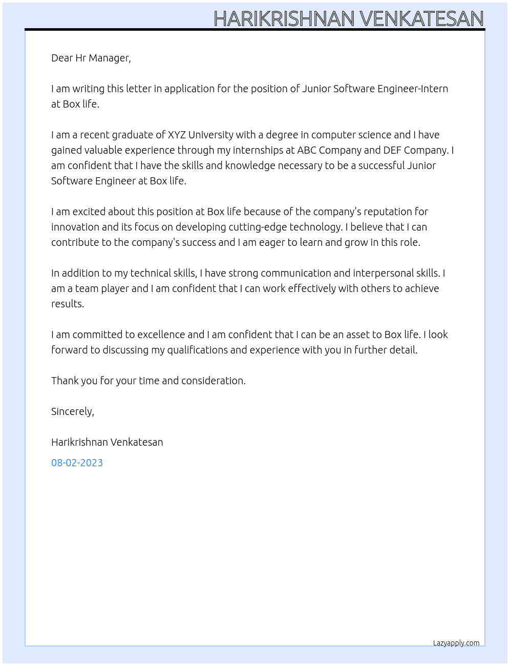 Junior Software Engineer-Intern At Box life Cover Letter