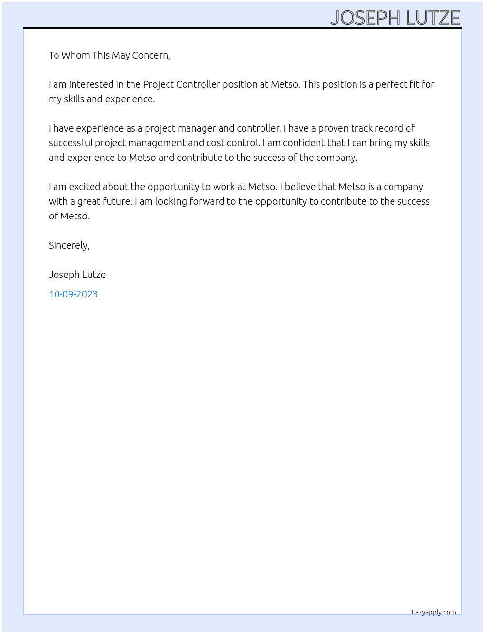 Project Controller At Metso Cover Letter