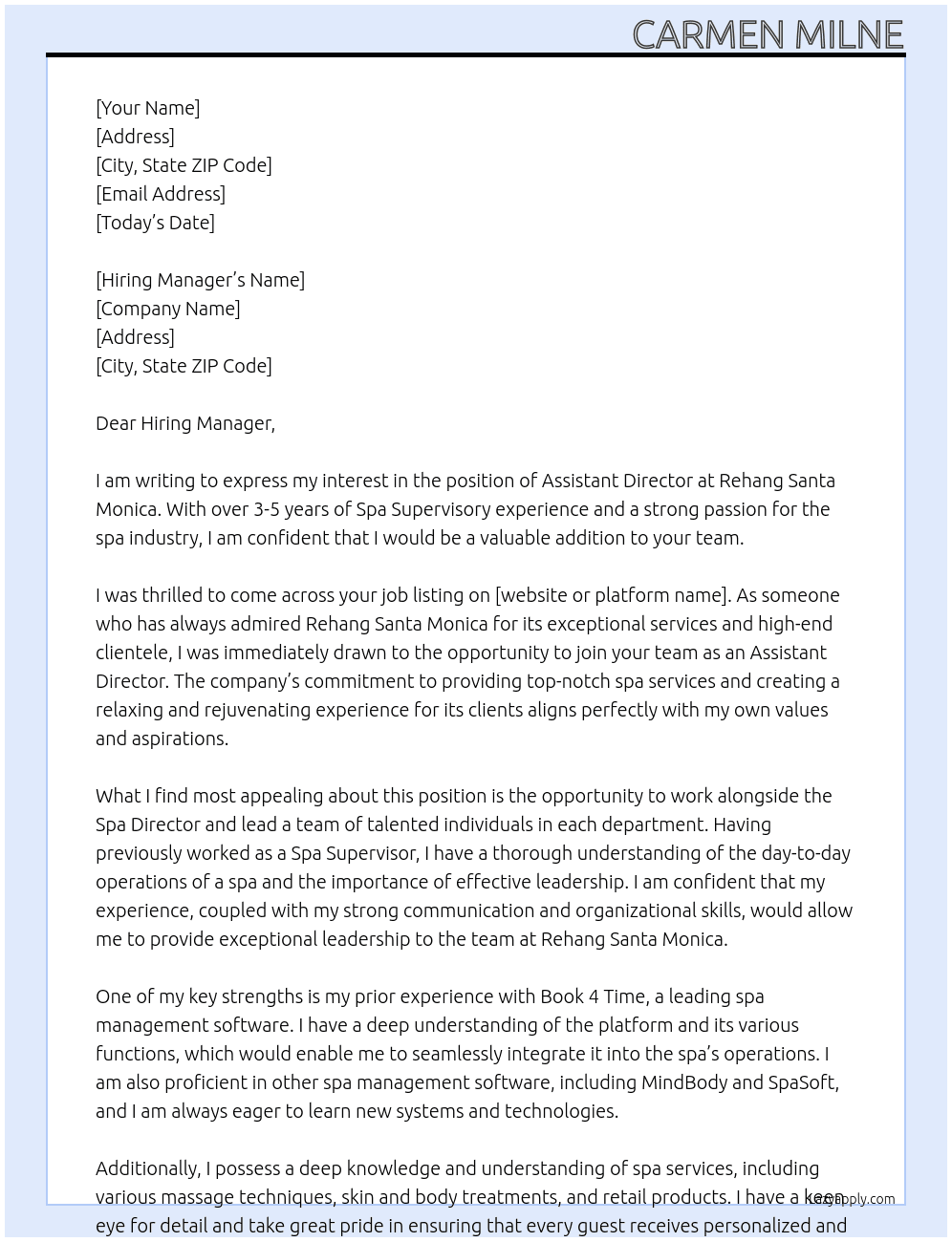 Assistant Director  At Rehang Santa Monica Cover Letter