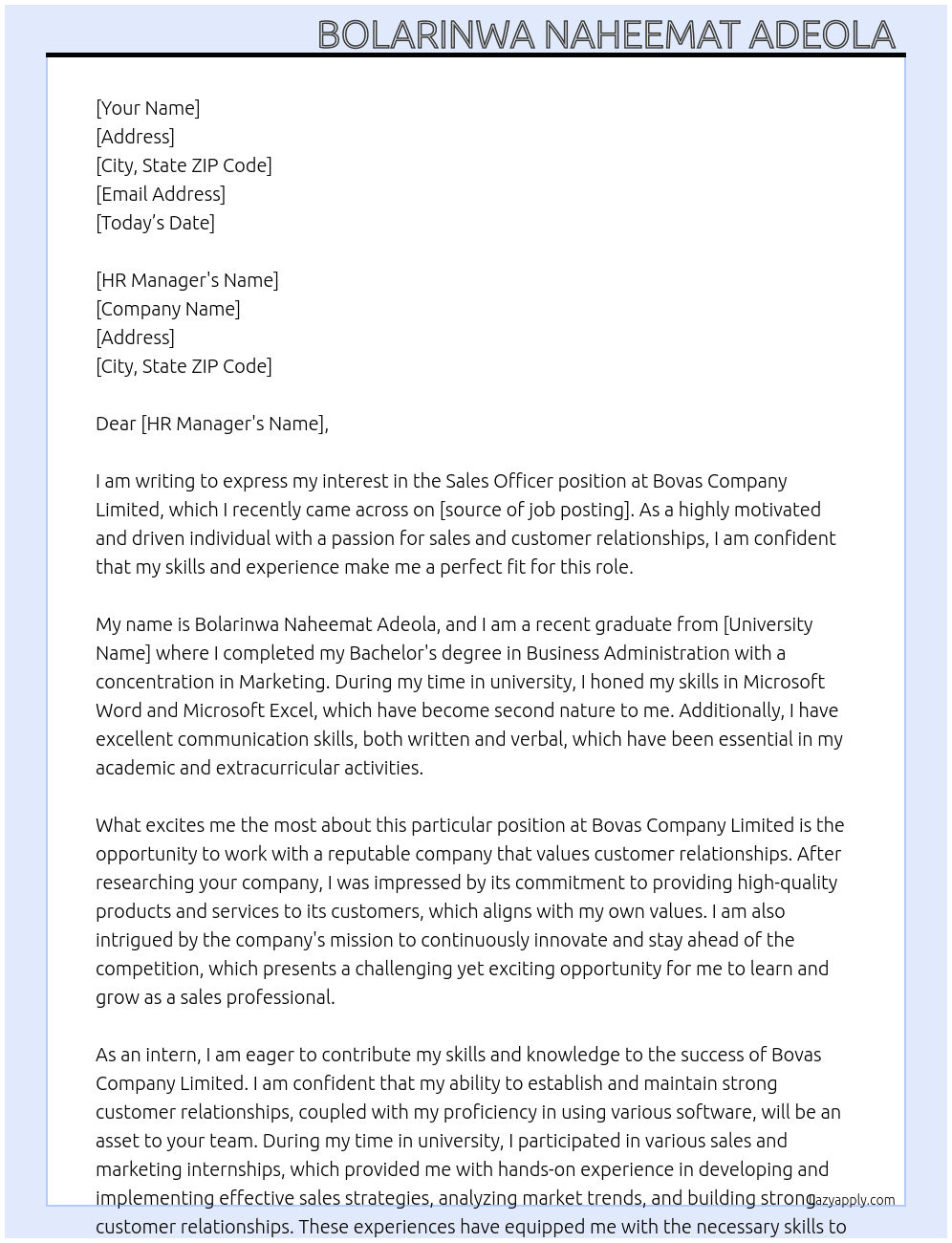 Sales officer At Bovas company limited Cover Letter