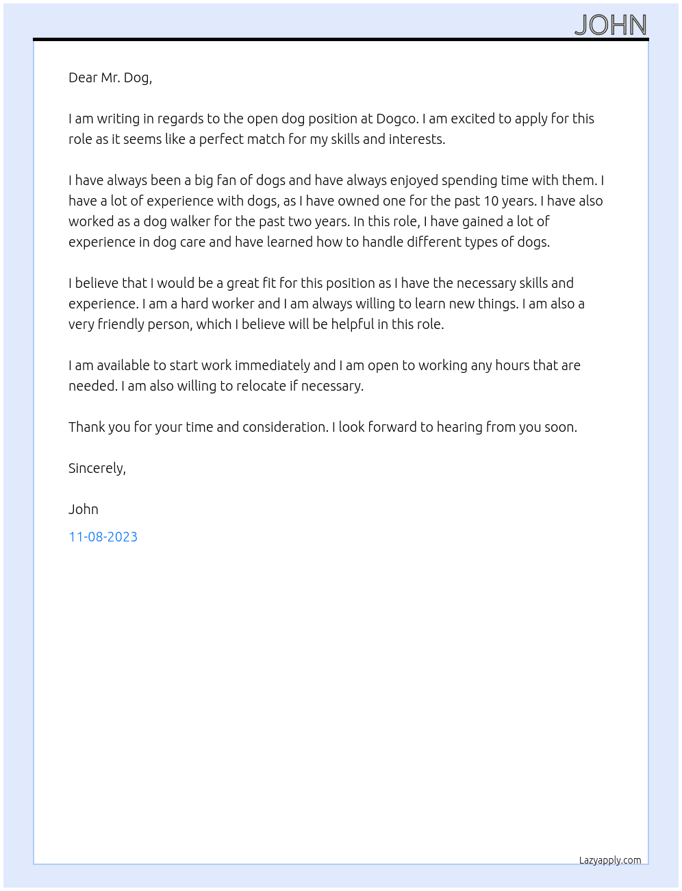 dog At dogco Cover Letter