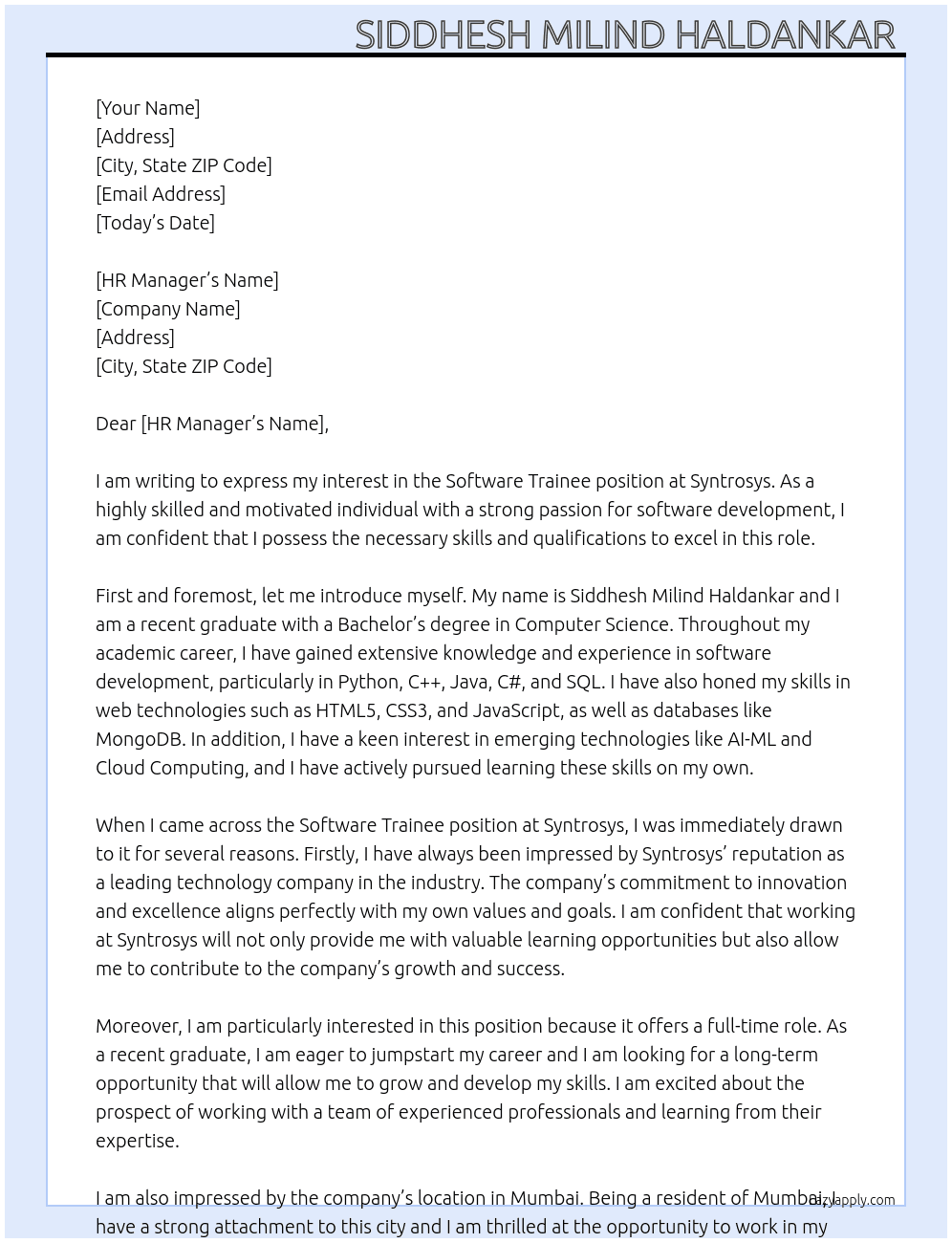 Software Trainee At Syntrosys Cover Letter