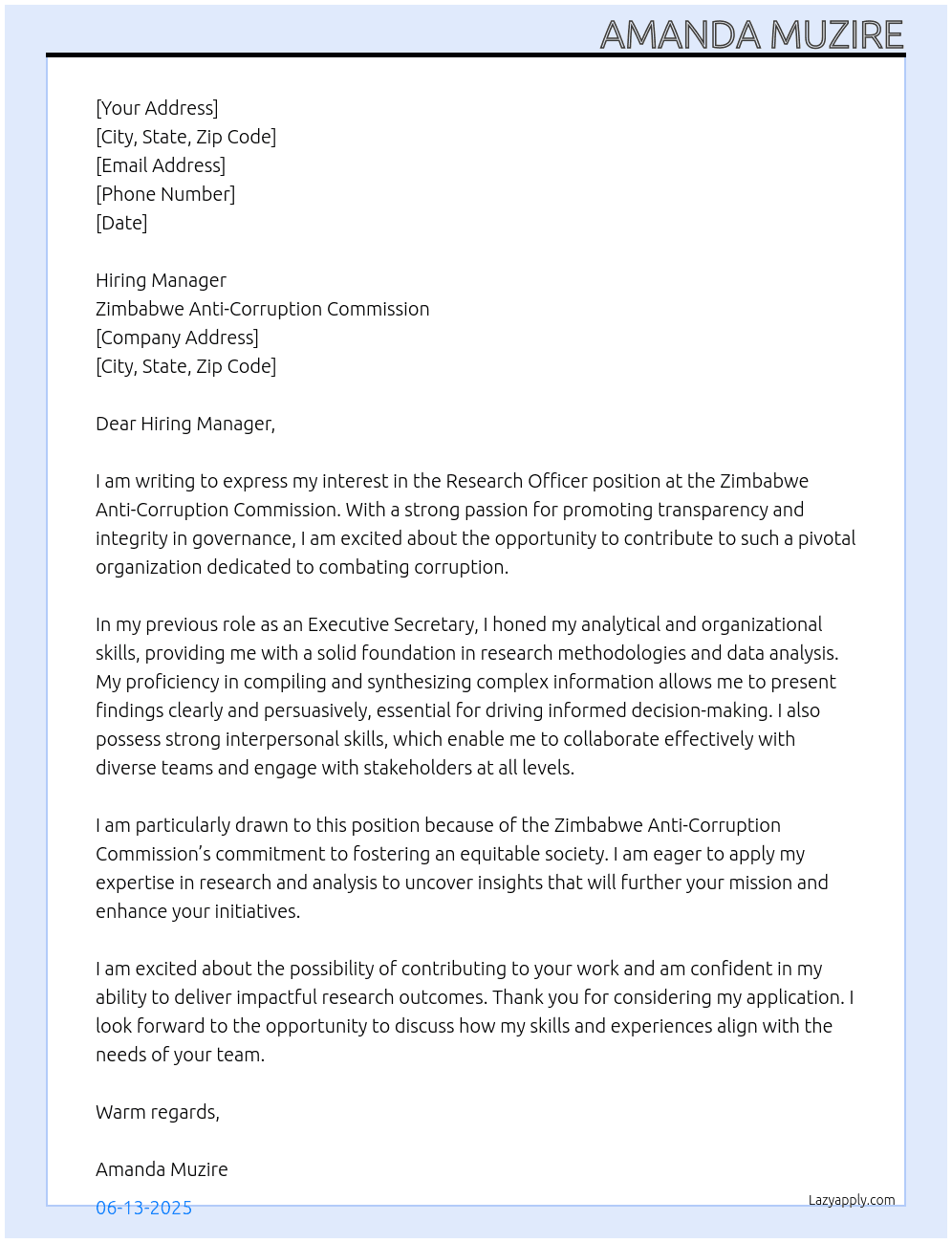 research officer   At zimbabwe anti-corrupt commission Cover Letter