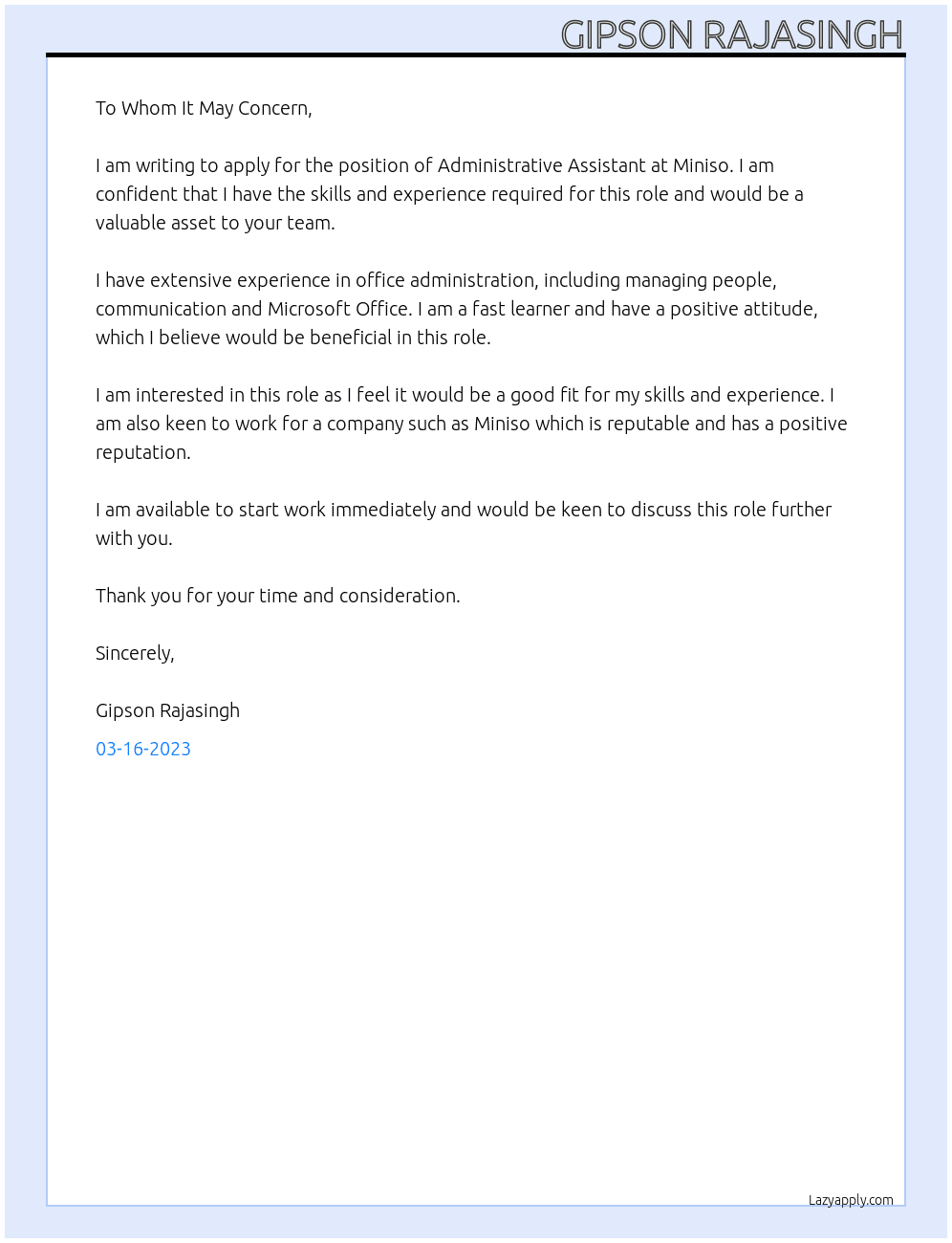 Administrative assistant  At Miniso  Cover Letter