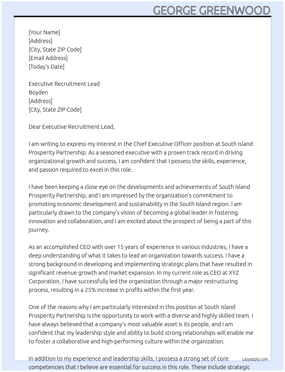 Chief Executive Officer At South Island Prosperity Partnership Cover Letter