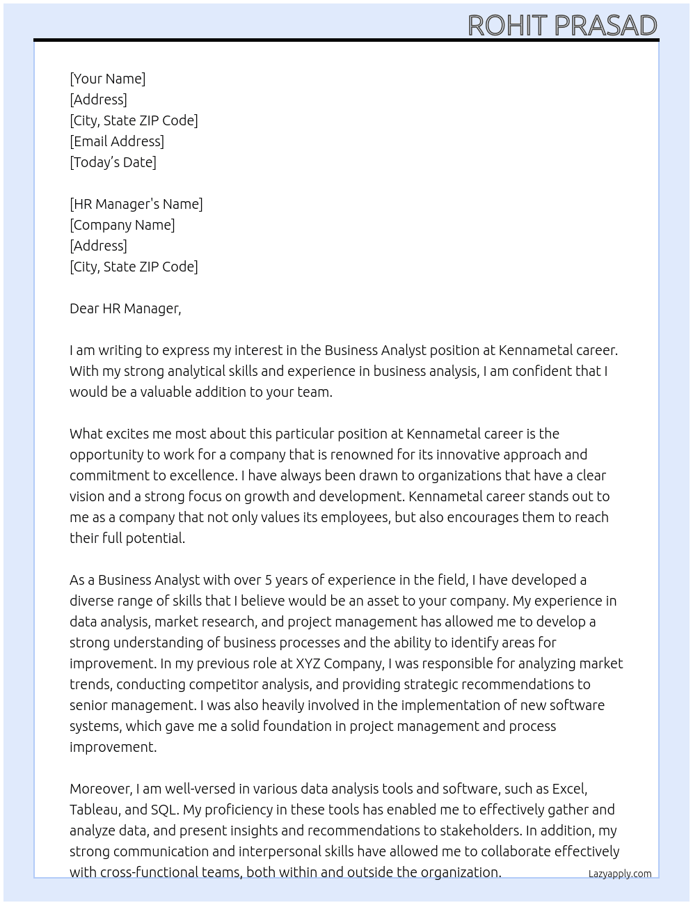 Busines Analyst At Kennametal career Cover Letter