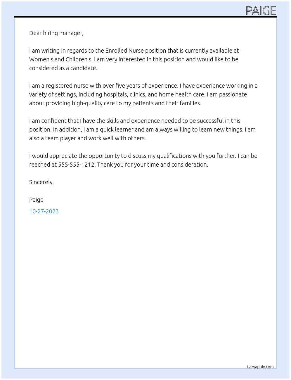 Enrolled Nurse At Women’s and Childrens Cover Letter