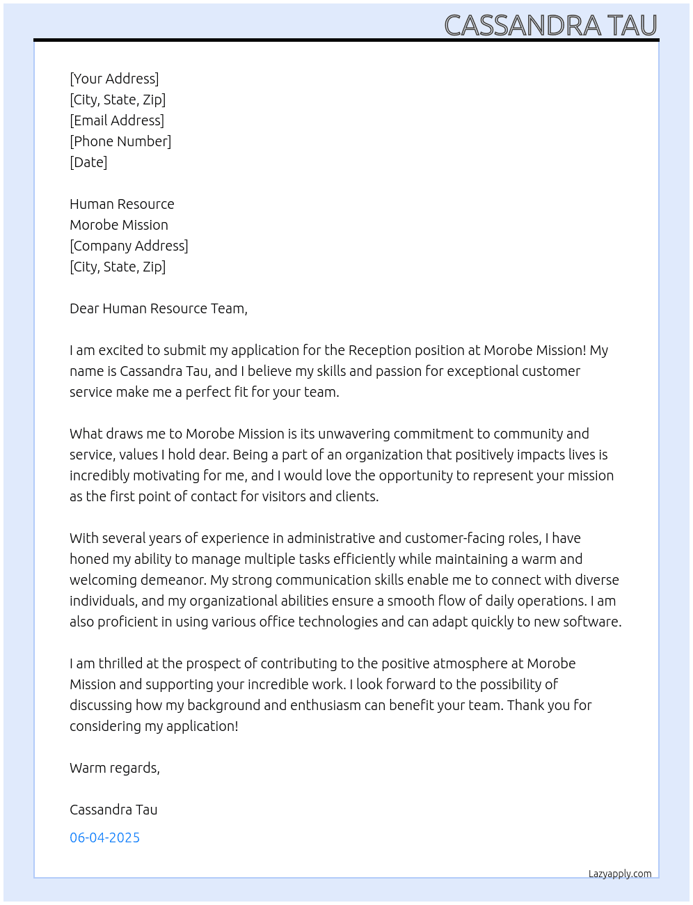 Reception At Morobe Mission Cover Letter