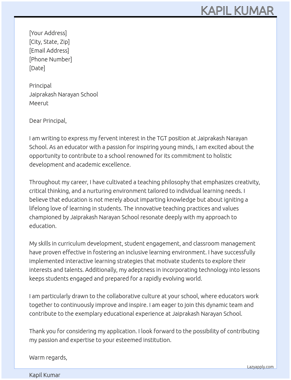 TGT At The principal Jaiprakash Narayan School Merut  Cover Letter
