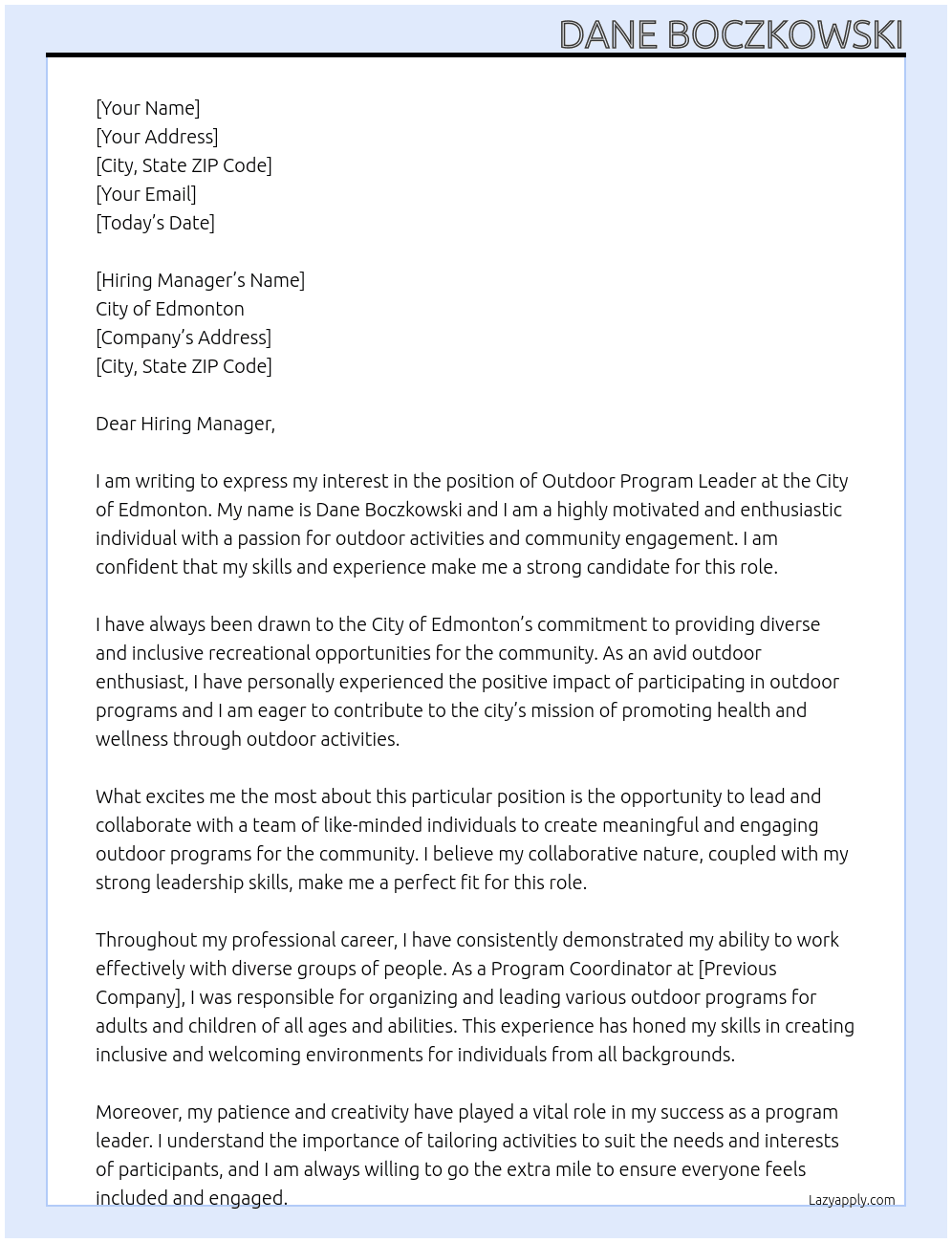 Outdoor Program Leader At City of Edmonton Cover Letter