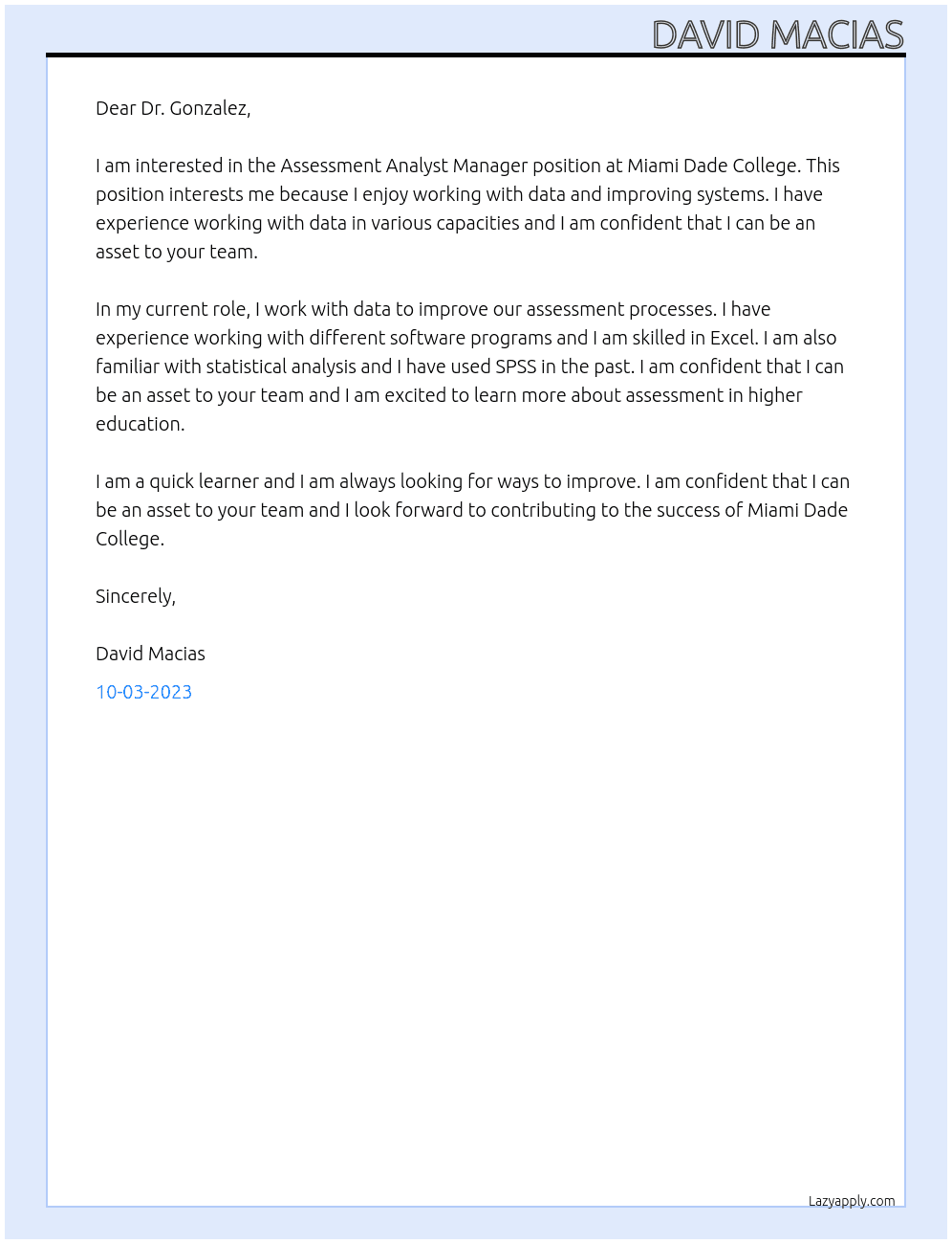 Assessment Analyst Manager At Miami Dade College Cover Letter