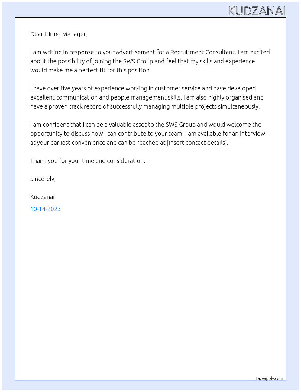 Recruitment Consultant  At SWS Group Cover Letter