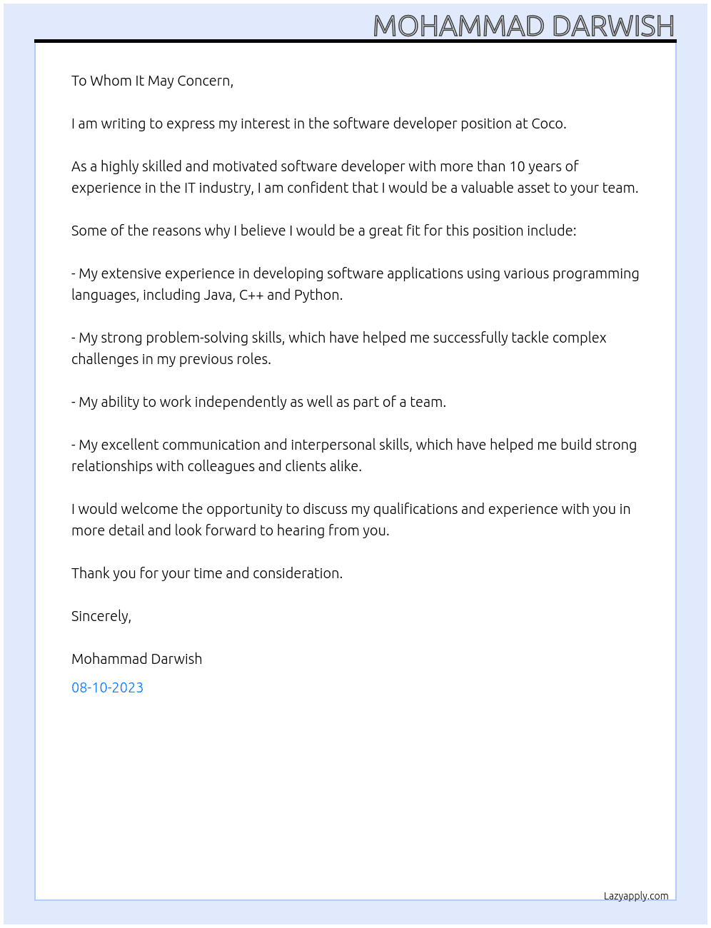 software developer At coco Cover Letter