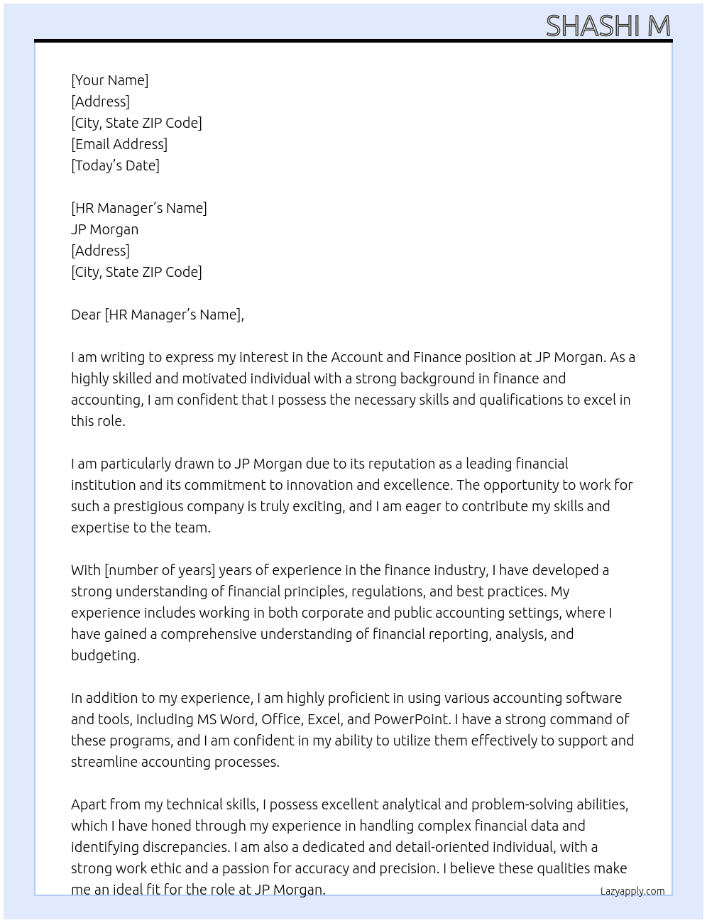 Account and Finance  At JP Morgan  Cover Letter