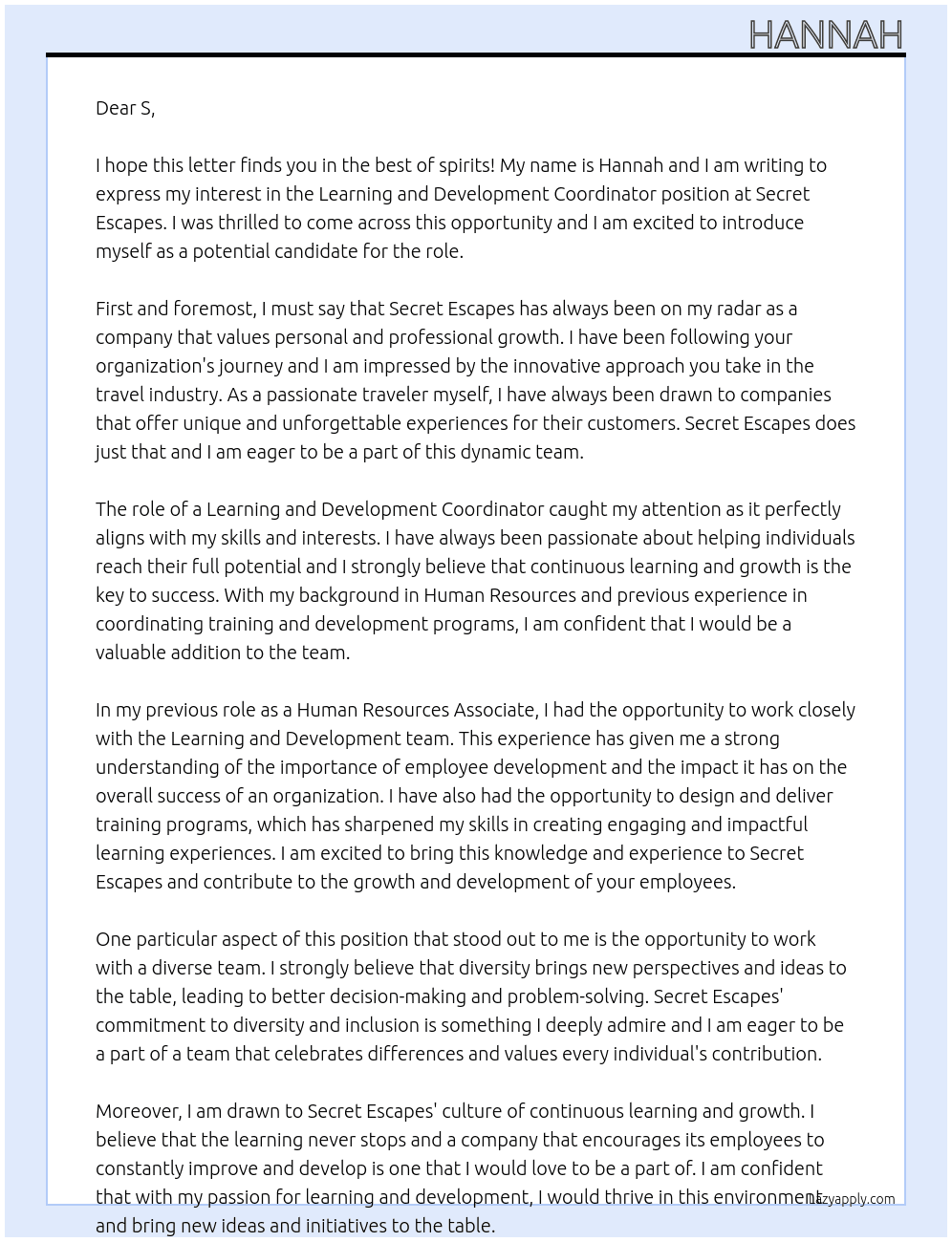 Learning and Development Coordinator At Secret Escapes  Cover Letter
