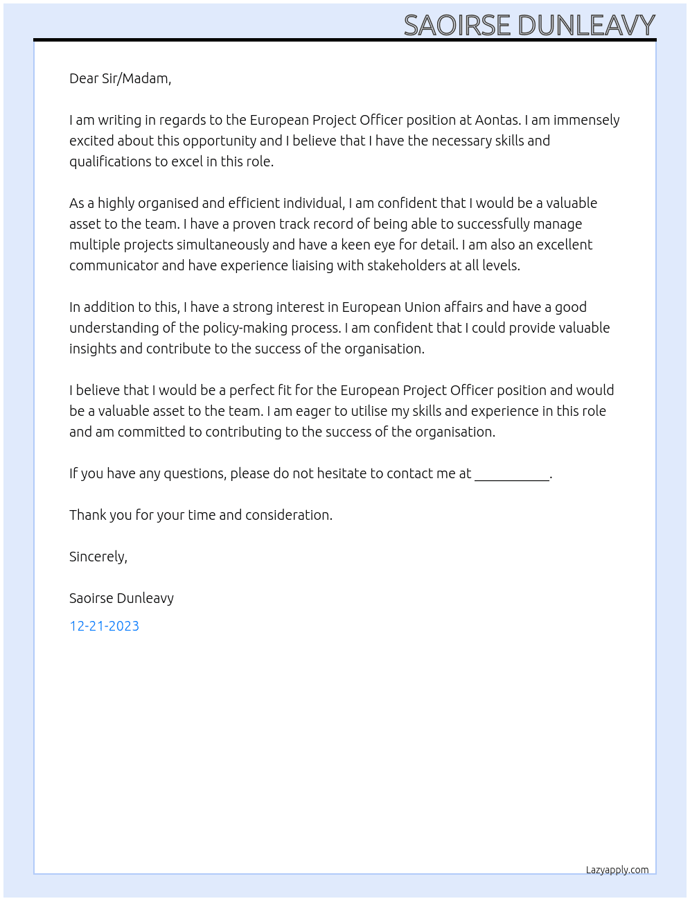 European Project Officer At Aontas Cover Letter