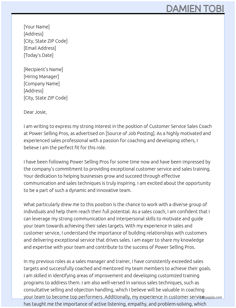 Customer Service Sales Coach At Power Selling Pros Cover Letter