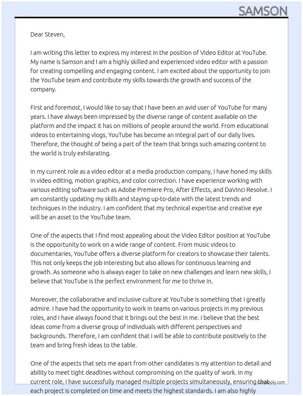 Video Editor  At You tube  Cover Letter