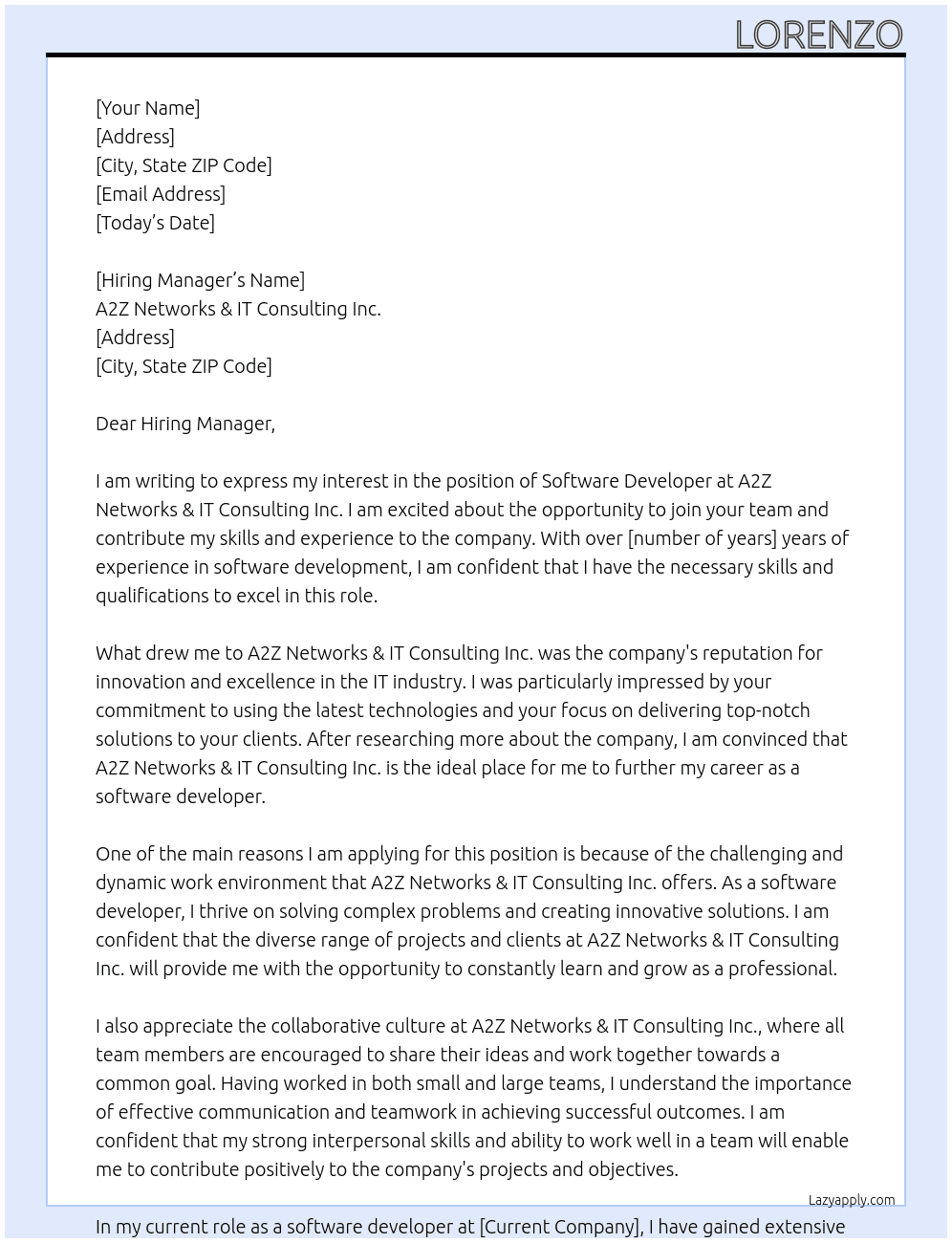 Software developer At A2Z Networks & IT Consulting Inc. Cover Letter