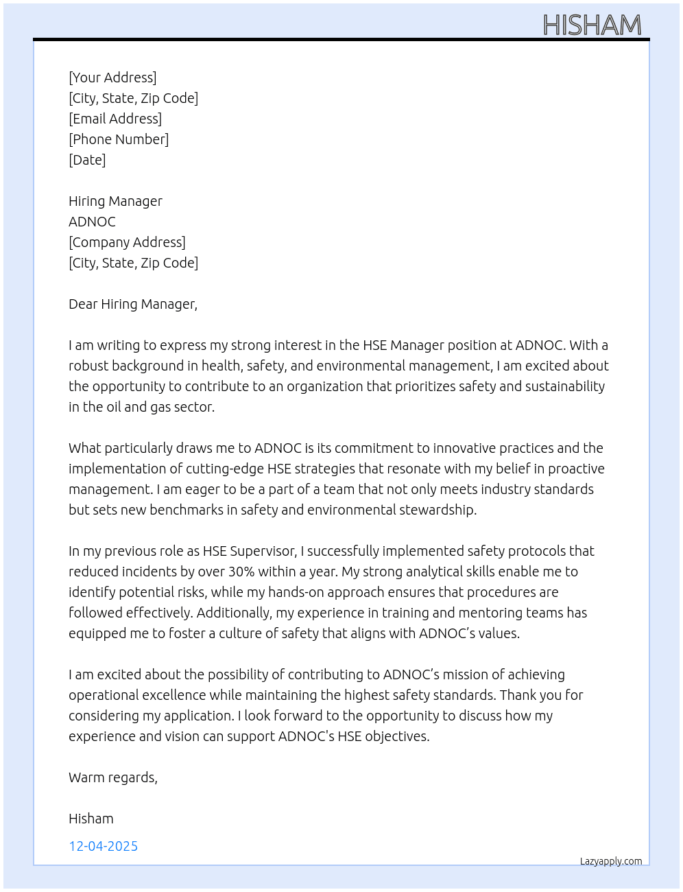 Cover letter for hse manager - LazyApply