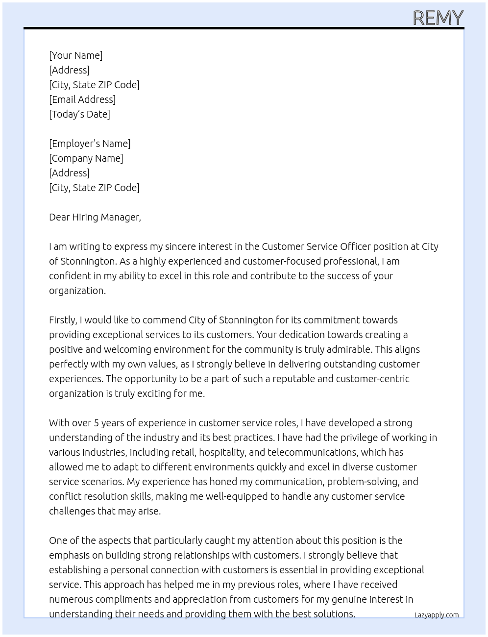 Customer Service Officer At City of Stonnington Cover Letter