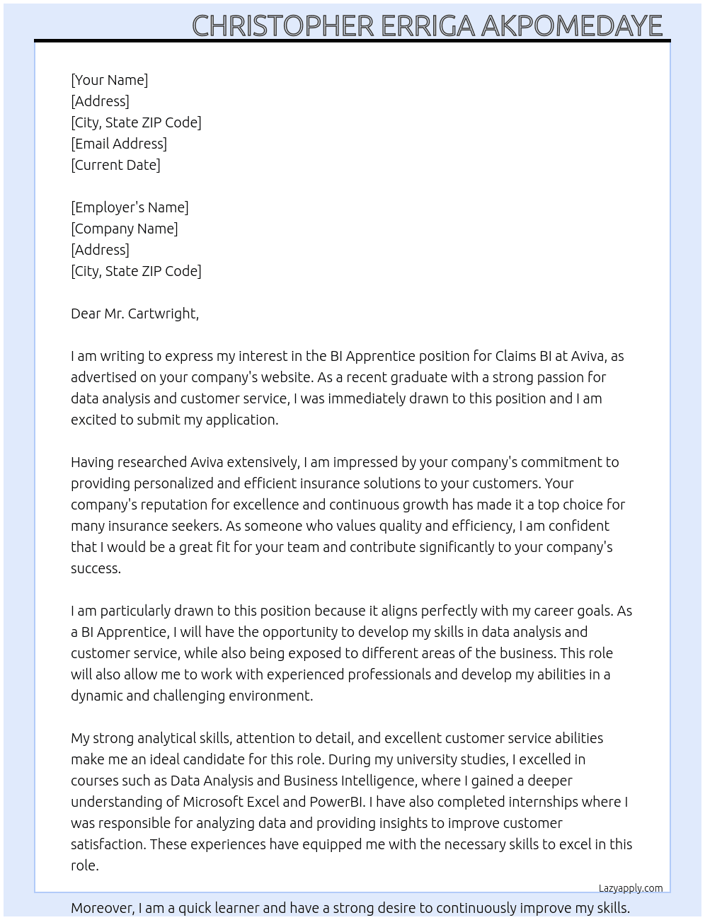 BI Apprentice (Claims BI) At Aviva Cover Letter