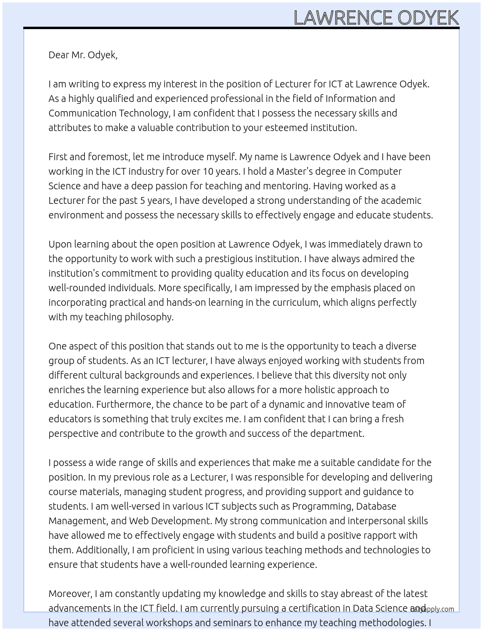 Lecturer, ICT At Lawrence Odyek Cover Letter