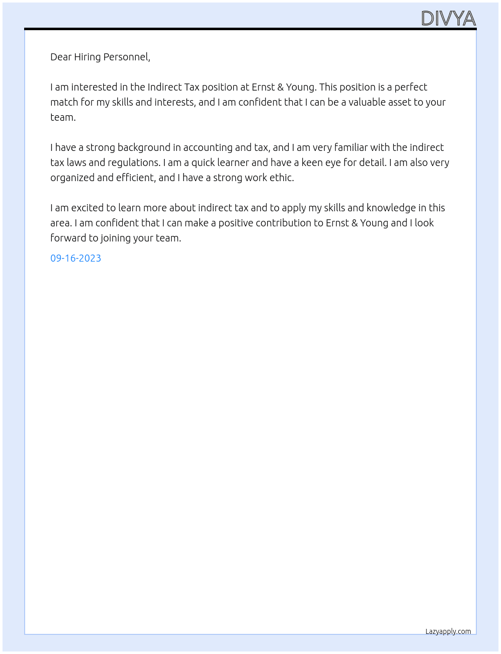 Indirect TAx At Ernst&Young Cover Letter