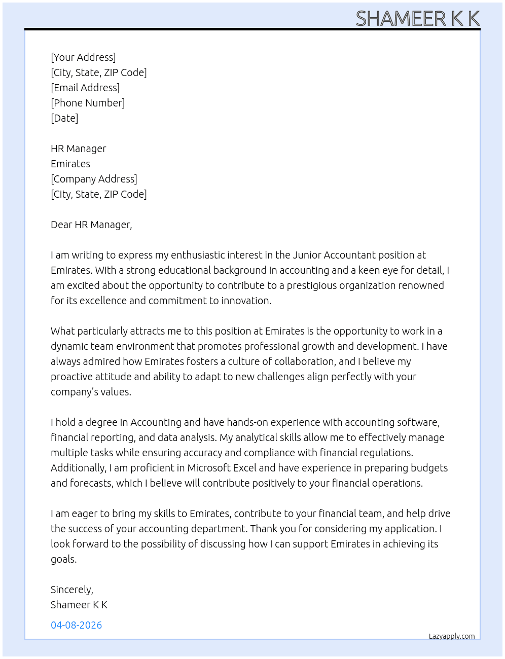 Cover letter for junior accountant - LazyApply